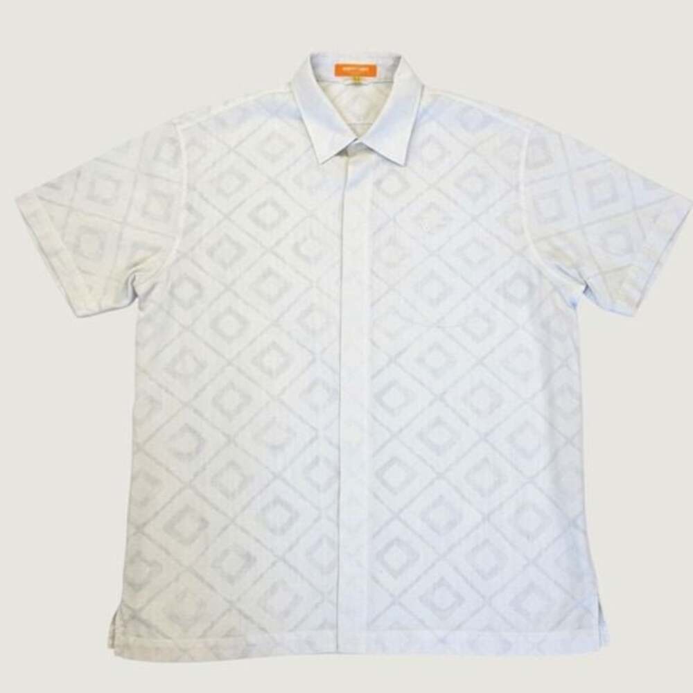 Laxon Mens Short Sleeve Button Down White Gray Geometric Diamond Pattern XL